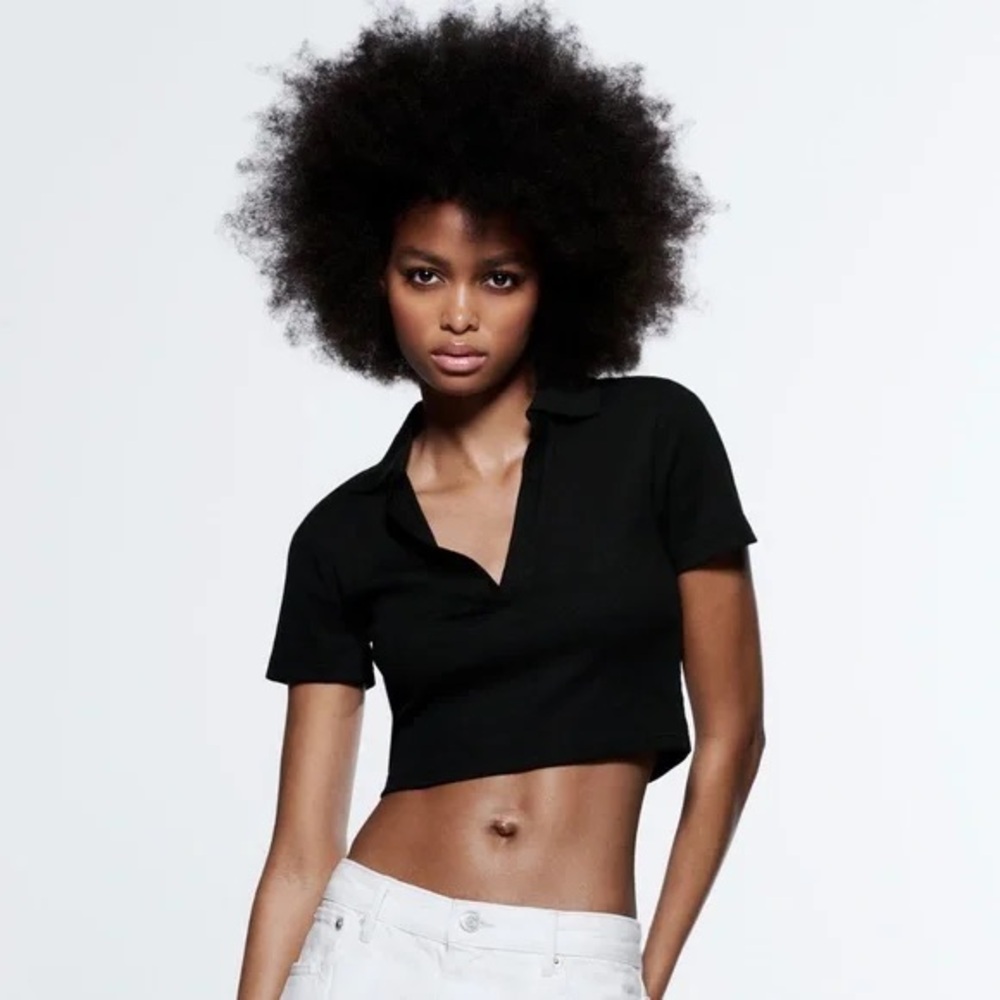 Zara Black Cropped Polo Shirt